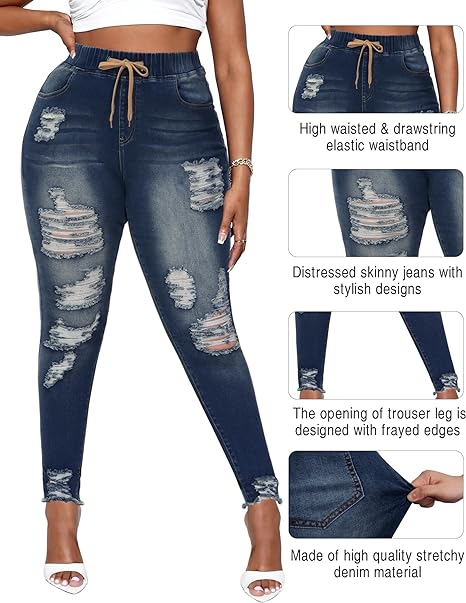 Womens Plus Size Skinny Distressed Jeans High Waisted Stretch Drawstring Ripped Denim Joggers