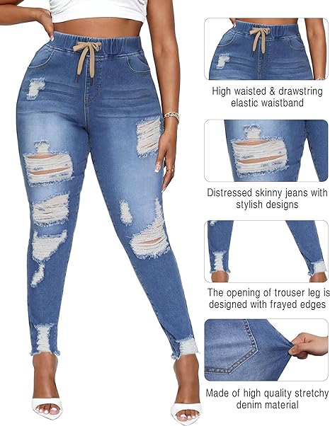 Womens Plus Size Skinny Distressed Jeans High Waisted Stretch Drawstring Ripped Denim Joggers