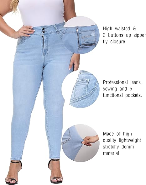 Womens Plus Size Skinny Jeans Stretchy High Waisted Ankle Jean