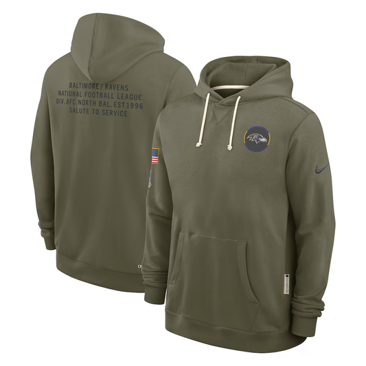 Men's Baltimore Ravens Nike Olive 2025 Salute to Service Sideline Standard Issue Dri-FIT Hoodie