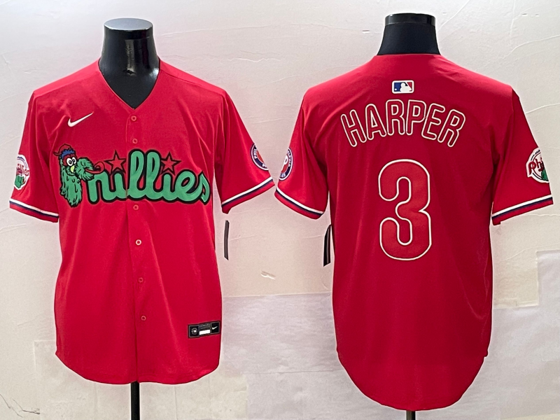 Men's Philadelphia Phillies Bryce Harper #3 Red Player Game Jersey1