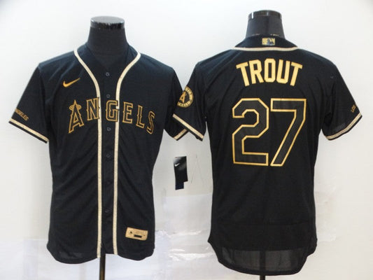 Men's Los Angeles Angels Mike Trout #27 Black Sewn Player Jersey1