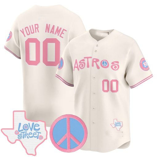 Custom Houston Astros Love Street & Peace Sign Patch Bubblegum Pink Vapor Premier Limited �?All Stitched Baseball Jersey