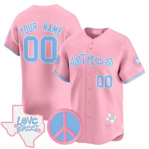 Custom Houston Astros Love Street & Peace Sign Patch Bubblegum Pink Vapor Premier Limited �?All Stitched Baseball Jersey