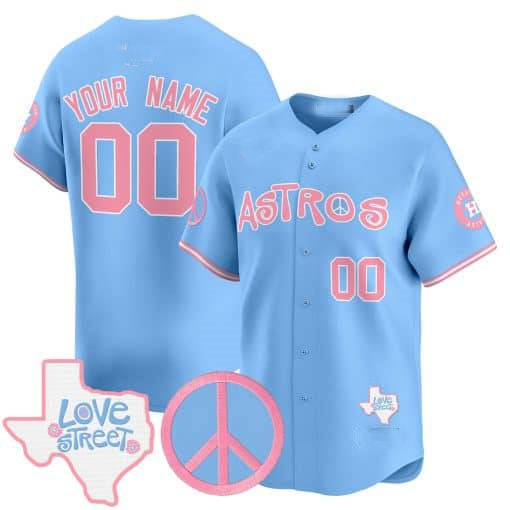 Custom Houston Astros Love Street & Peace Sign Patch Bubblegum Pink Vapor Premier Limited �?All Stitched Baseball Jersey