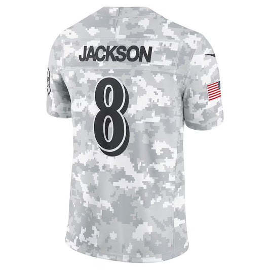 B.Ravens #8 Lamar Jackson Arctic Camo 2024 Salute to Service Limited Stitched American Football Jerseys