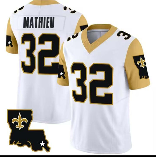 NO.Saints #32 Tyrann Mathieu White Gold Game Player Stitched American Football Jersey