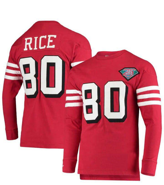 SF.49ers #80 Jerry Rice Mitchell & Ness Throwback Retired Player Name & Number Long Sleeve Top Stitched American Football Jersey