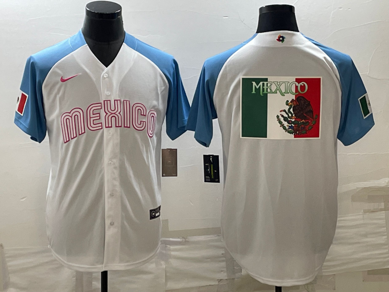 Men's 2023 World Baseball Classic Mexico White/Blue Alternate Game Jersey1