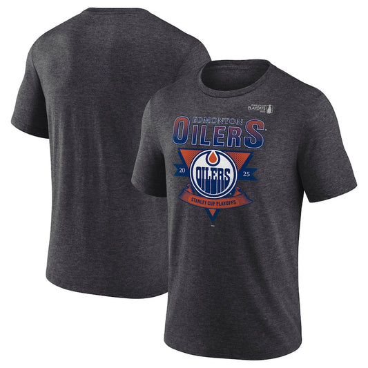 Men's Edmonton Oilers Fanatics Heather Charcoal 2025 Stanley Cup Playoffs Crossbar Tri-Blend T-Shirt