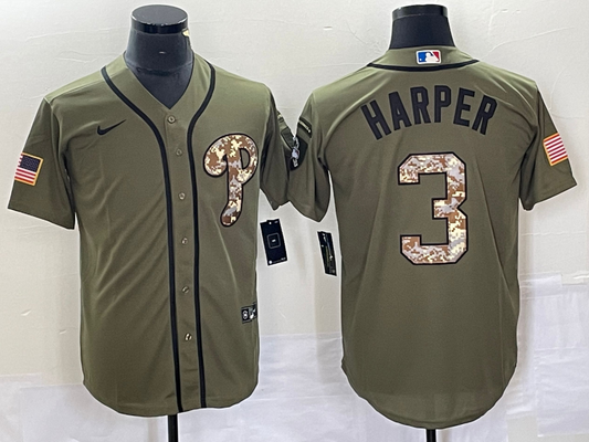 Men's Philadelphia Phillies Bryce Harper #3 Army Green Replica Player Jersey1