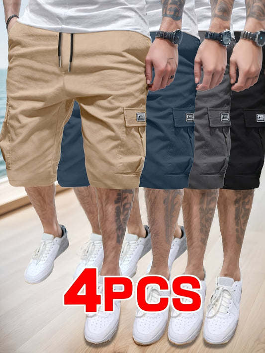 4pcs Men'S Summer Cargo Shorts - Non-Stretch, Geometric Pattern, Casual Style With Pockets, Regular Fit For Outdoor Sports, Street Parties & Travel
