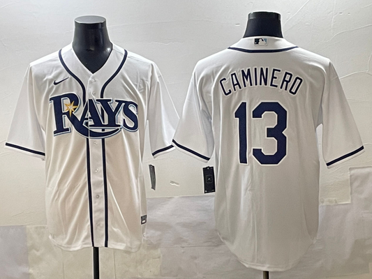 Men's Tampa Bay Rays Junior Caminero #13 White Home Replica Player Jersey