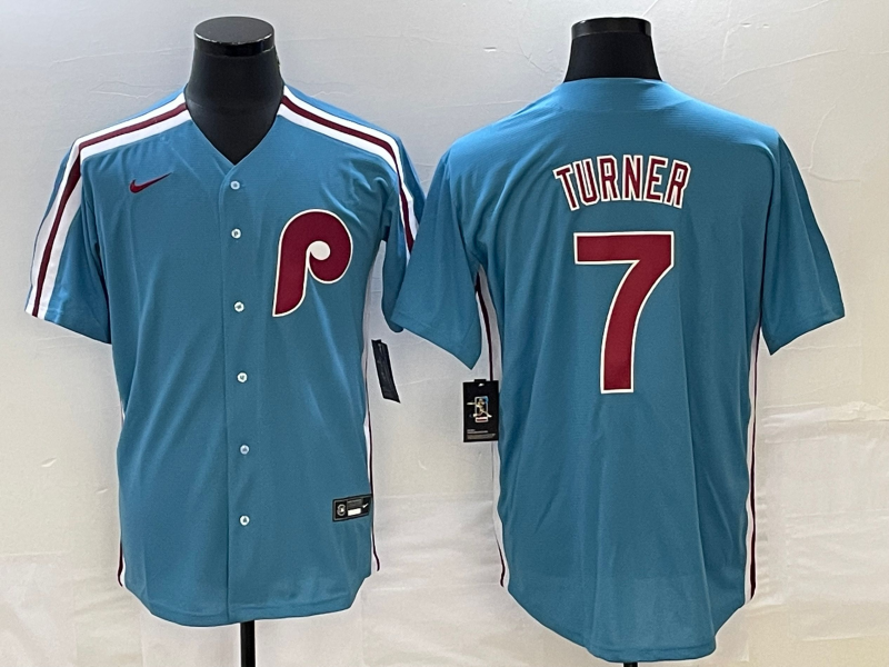 Men's Philadelphia Phillies Trea Turner #7 Blue Replica Player Jersey1