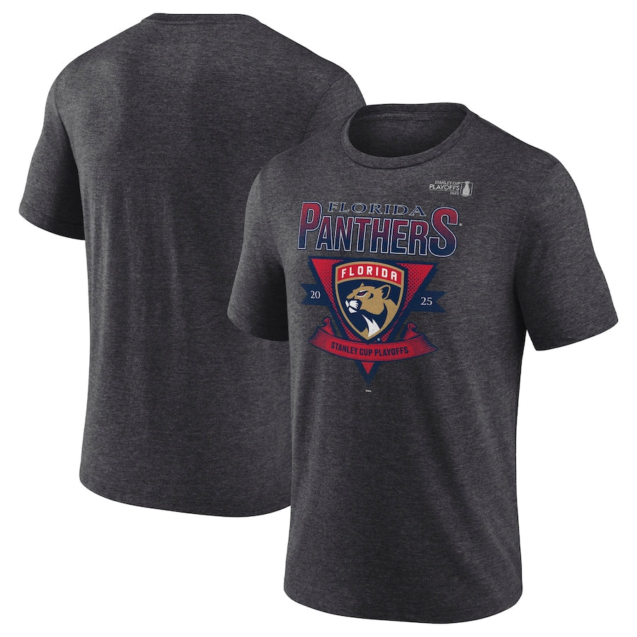Men's Florida Panthers Fanatics Heather Charcoal 2025 Stanley Cup Playoffs Crossbar Tri-Blend T-Shirt