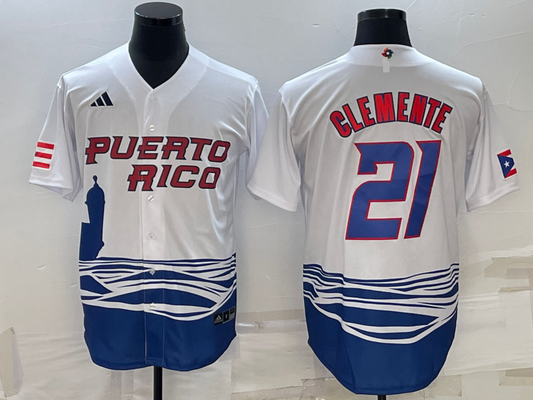 Men's 2023 World Baseball Classic #21 Roberto Clemente Puerto Rico White jersey