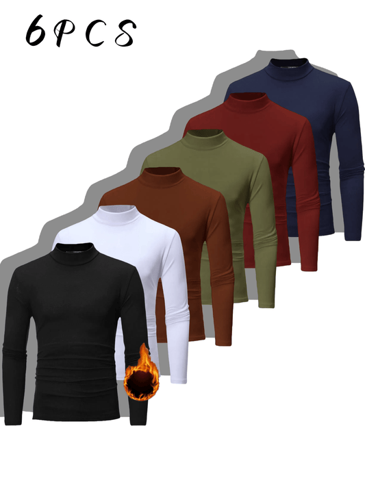 Men's 6pcs set with velvet imitation high-neck shirt thermal underwear - slim long sleeves in stretch fabric, suitable for autumn and winter