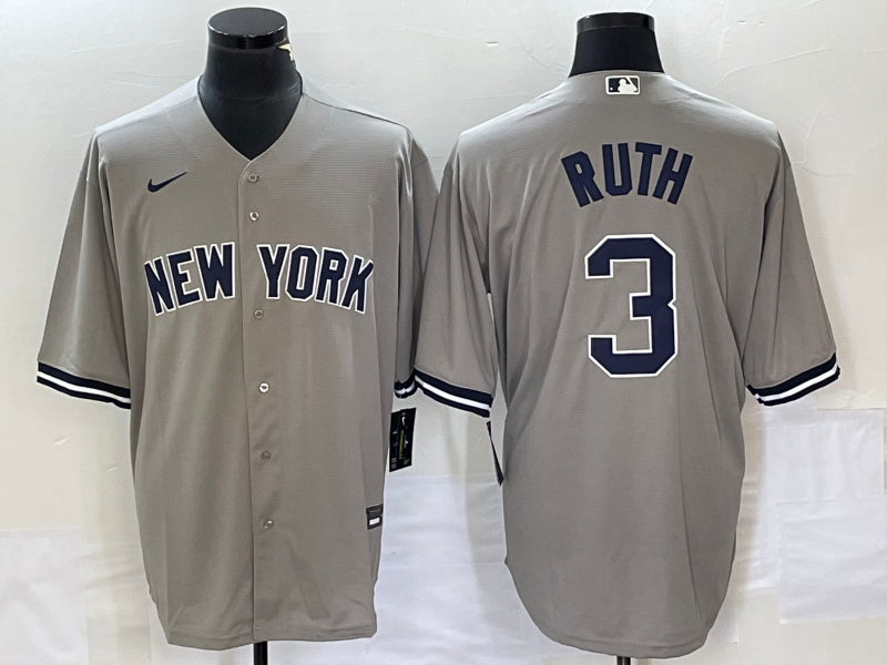 Men's New York Yankees Babe Ruth #3 Gray Replica Player Jersey1