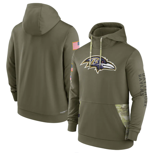 Men's Baltimore Ravens Olive 2022 Salute to Service Therma Performance Pullover Hoodie1