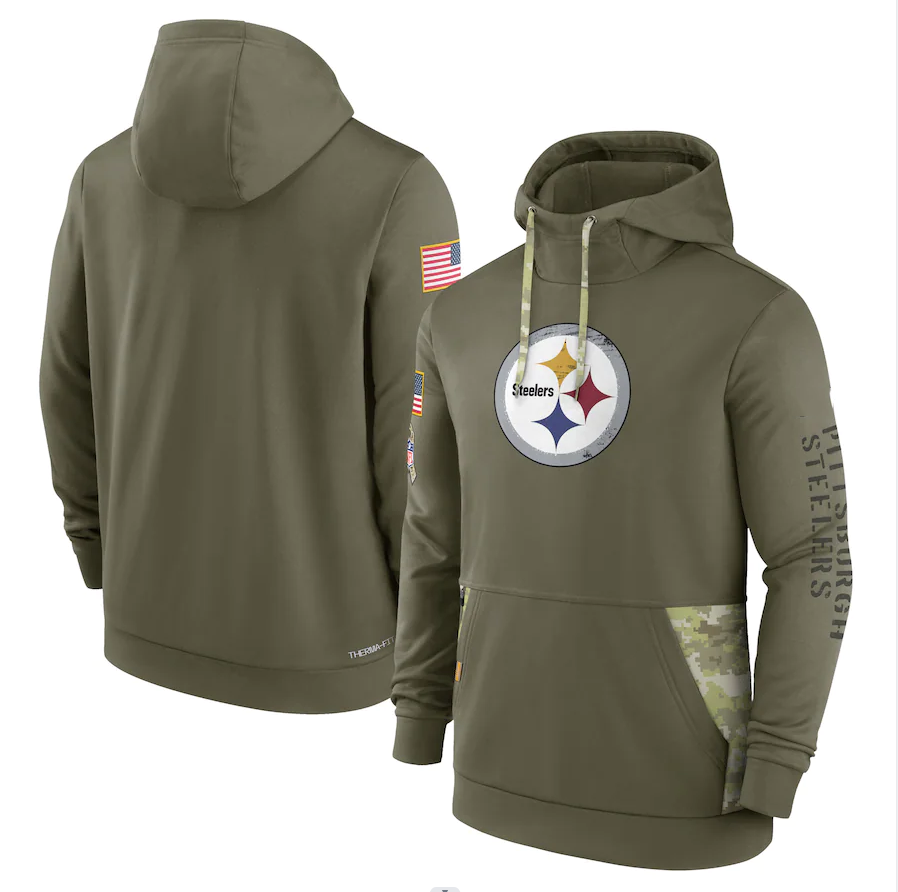 Men's Pittsburgh Steelers Olive 2022 Salute to Service Therma Performance Pullover Hoodie1