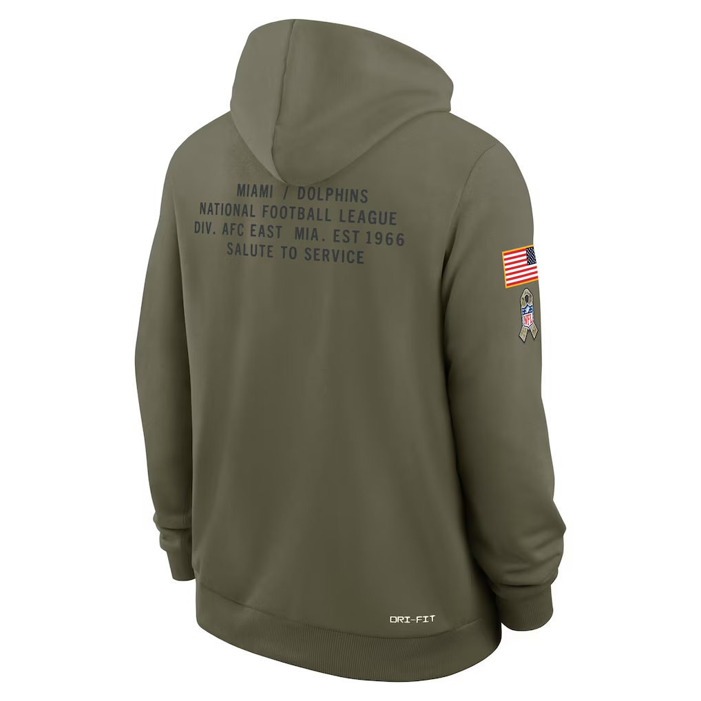 Men's Miami Dolphins Nike Olive 2025 Salute to Service Sideline Standard Issue Dri-FIT Hoodie