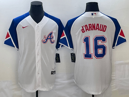 Men's Atlanta Braves Travis d'Arnaud #16 White 2023 City Connect Replica Player Jersey1