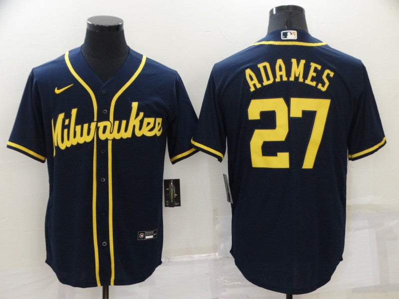 Men's Milwaukee Brewers Willy Adames #27 Navy Player Jersey1