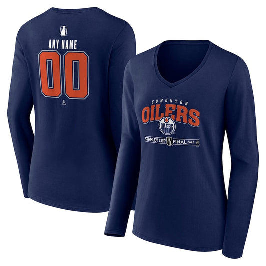 Women's Edmonton Oilers Navy 2025 Stanley Cup Final Custom Long Sleeve V-Neck T-Shirt