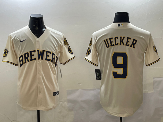 Men's Milwaukee Brewers Bob Uecker #9 Cream Home Limited Player Jersey1