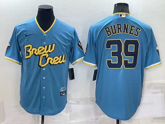 Men's Milwaukee Brewers Corbin Burnes #39 Blue Stitched Jersey1