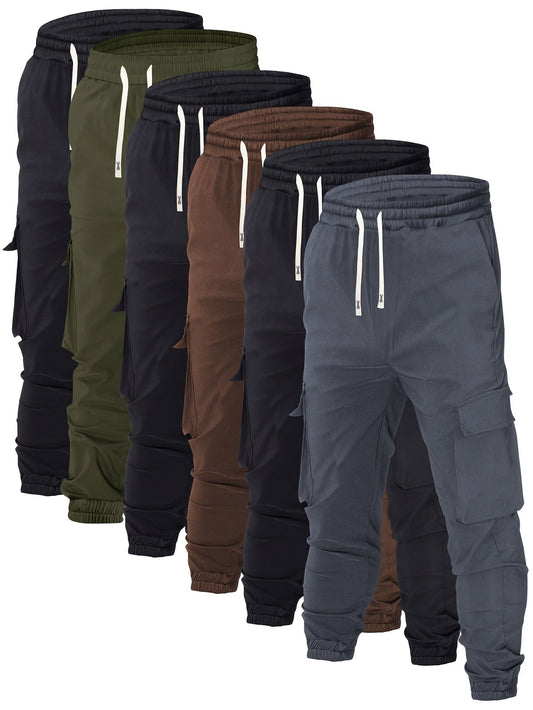 Men's 6pcs Utility Elastic Drawstring Waist Cargo Pants, Casual Joggers With Multiple Pockets, Fall/Winter